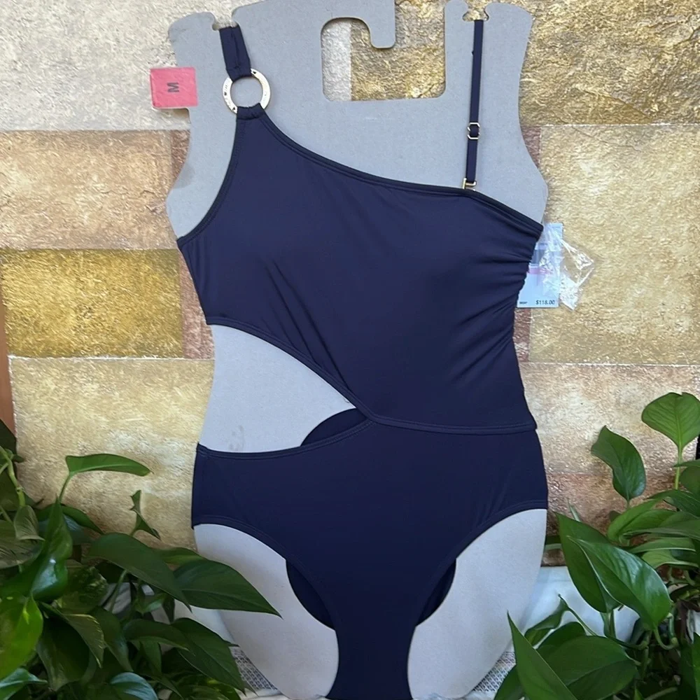 NEW Michael Kors One Shoulder O-Ring Blue Cut-Out One Piece Swimsuit, Size 10